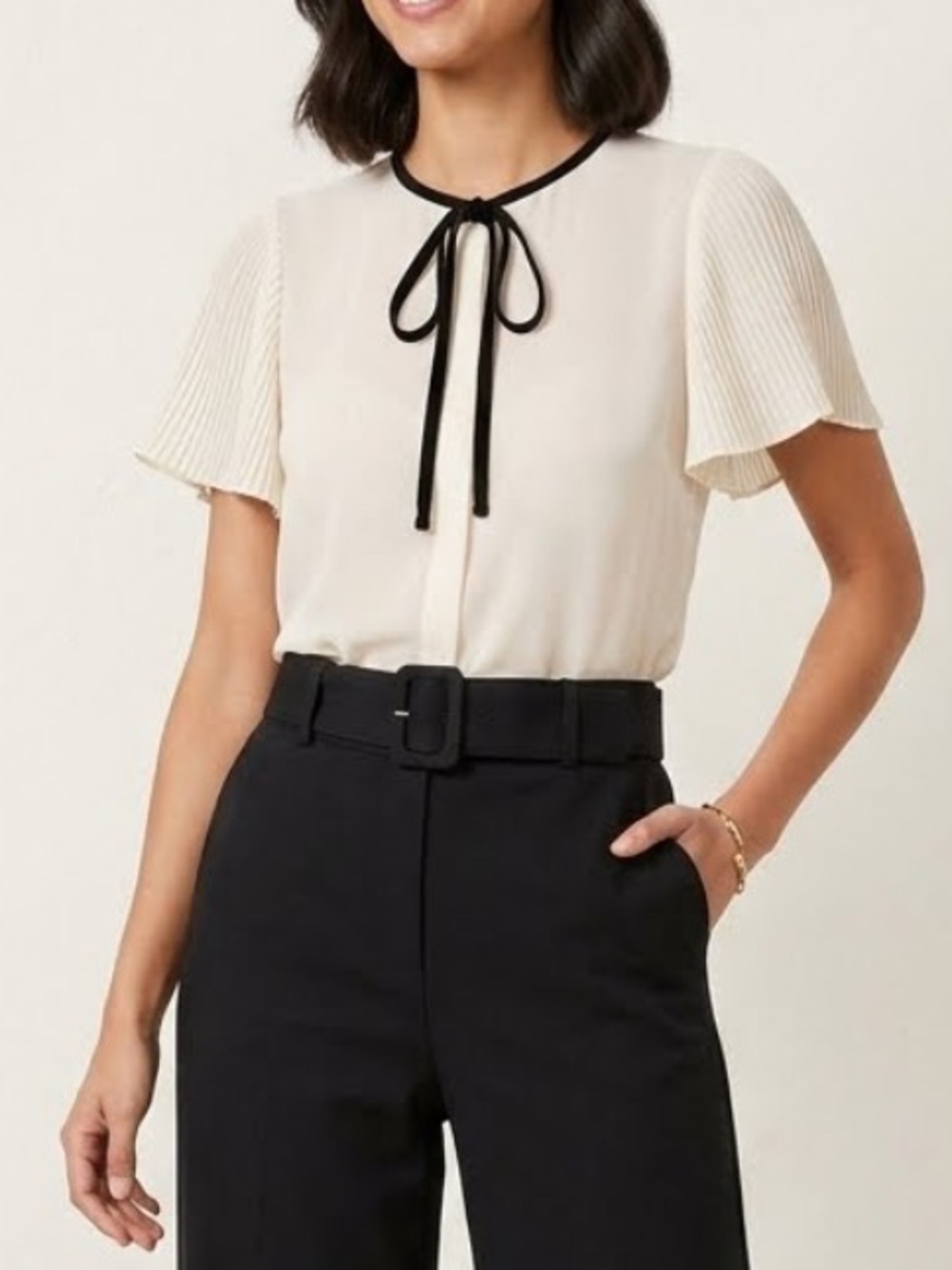 ZARA Semi Sheer Buttoned Blouse Accordion Pleated Sleeves Velvet Bow Small